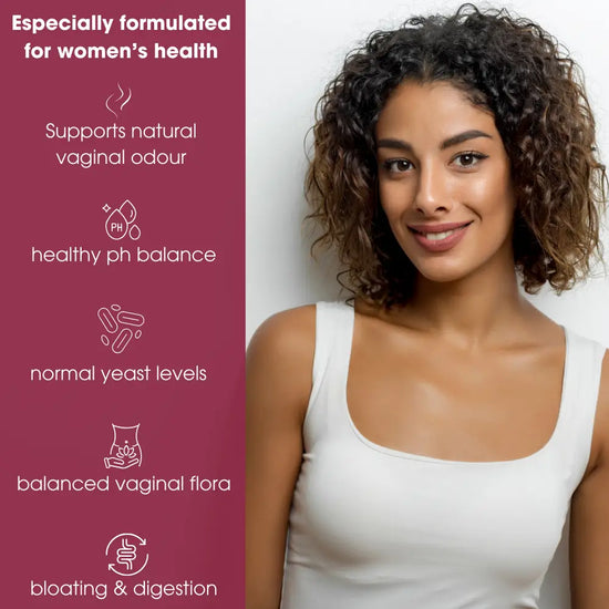 Woman wearing a white tank top with product benefits on a maroon background. Saying Supports natural vaginal odour. Healthy ph balance. Normal yeast levels. Balanced vaginal flora. Bloating and digestion.