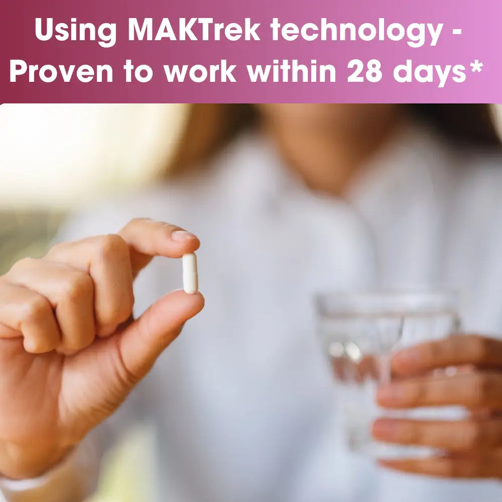 Hand holding a pill with a glass of water, text about MAKTrek technology and effectiveness.
