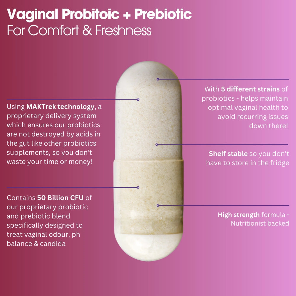 Vaginal probiotic and prebiotic product with text on a pink background. 