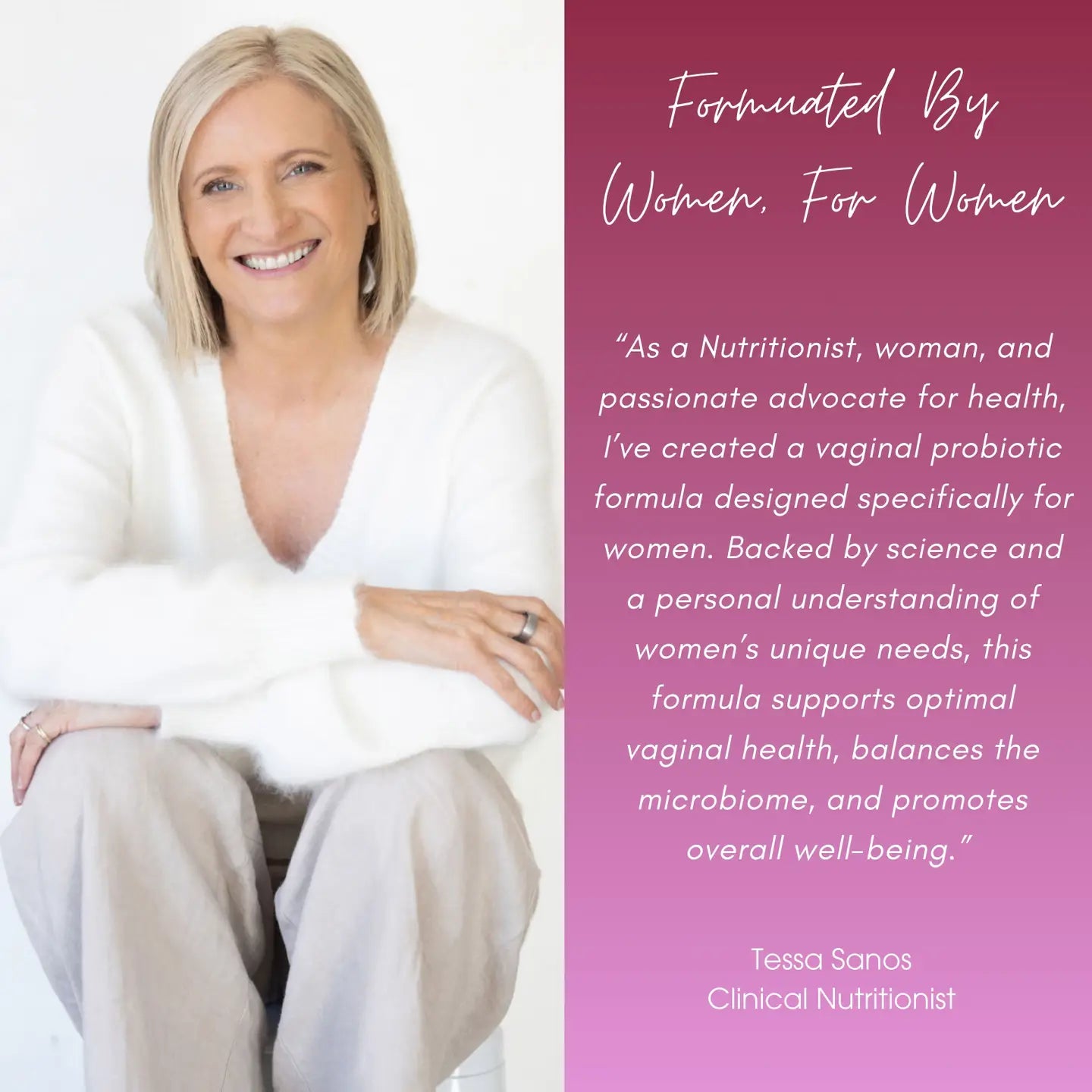 Woman in a white outfit with text about a vaginal probiotic formula for women on a pink background