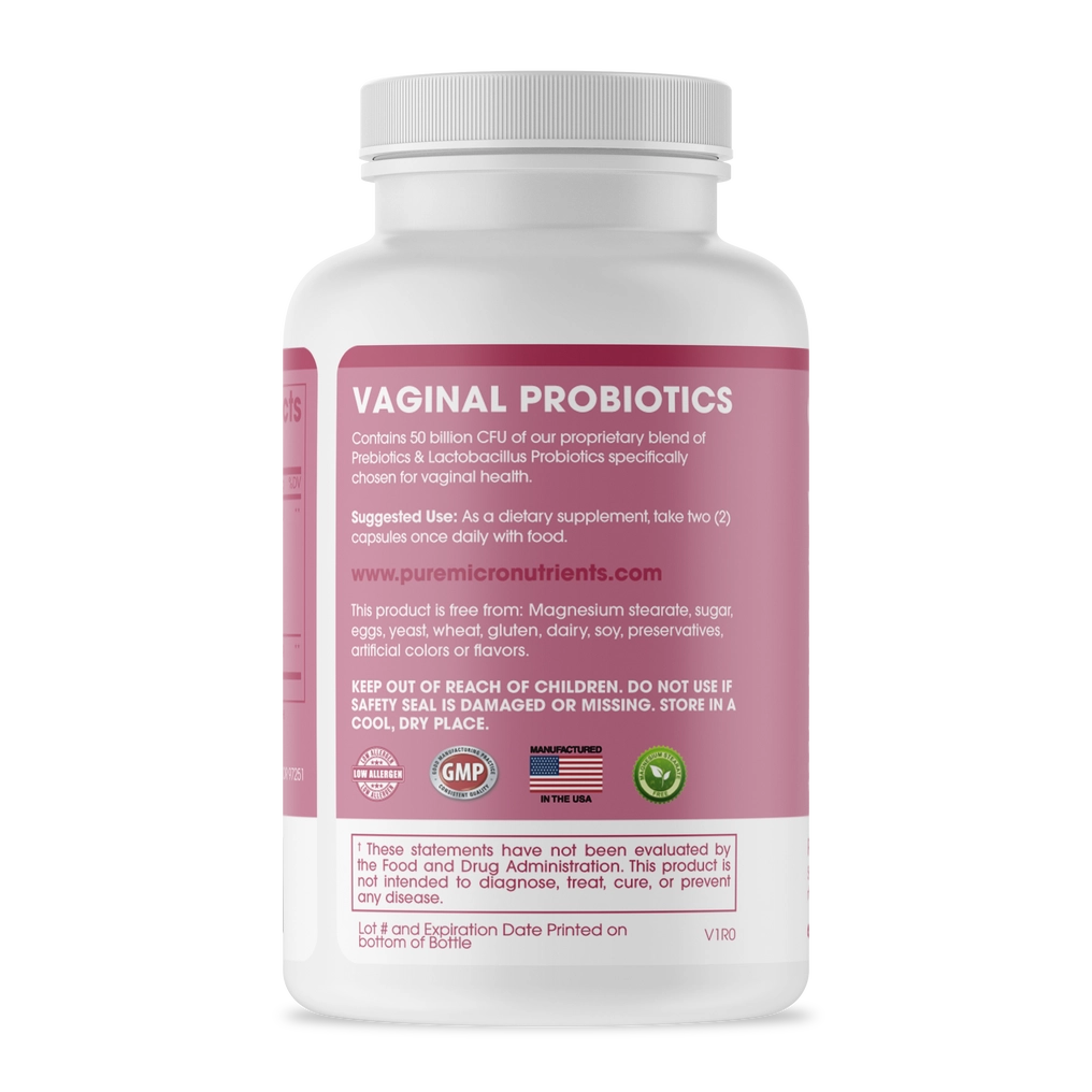Vaginal probiotics supplement bottle with pink label
