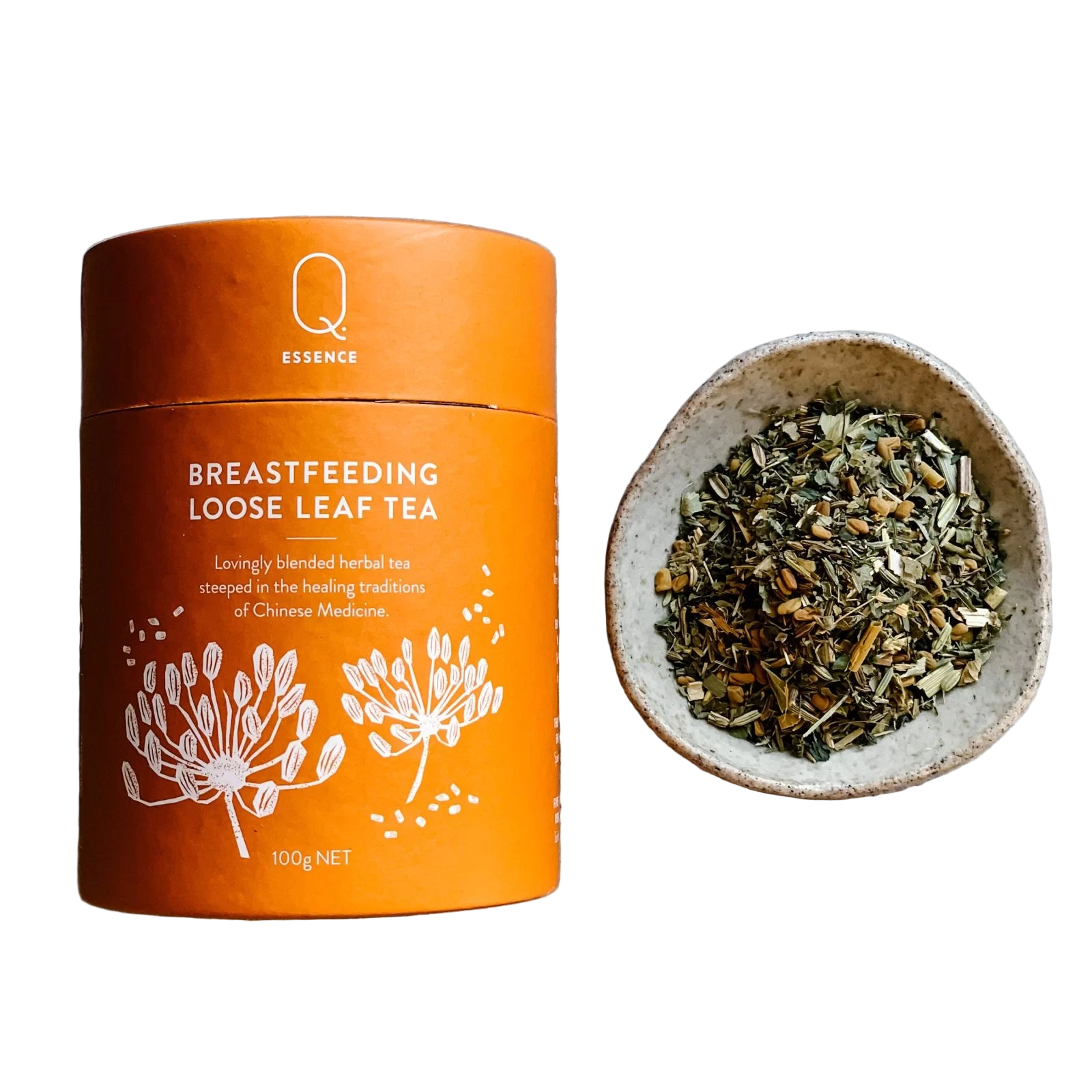 Breastfeeding loose leaf tea canister 100g . Little bowl of loose tea.