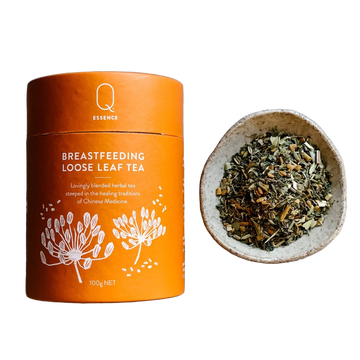 Breastfeeding loose leaf tea canister 100g . Little bowl of loose tea.