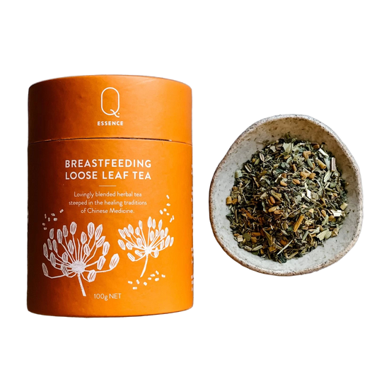 Breastfeeding loose leaf tea canister 100g . Little bowl of loose tea.