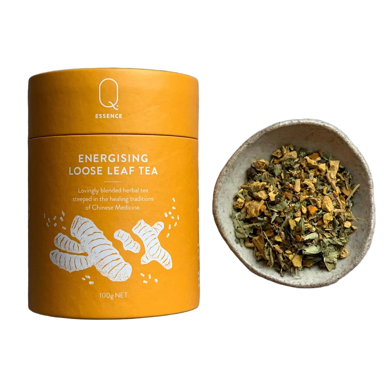Energising loose leaf tea canister 100g . Little bowl of loose tea.