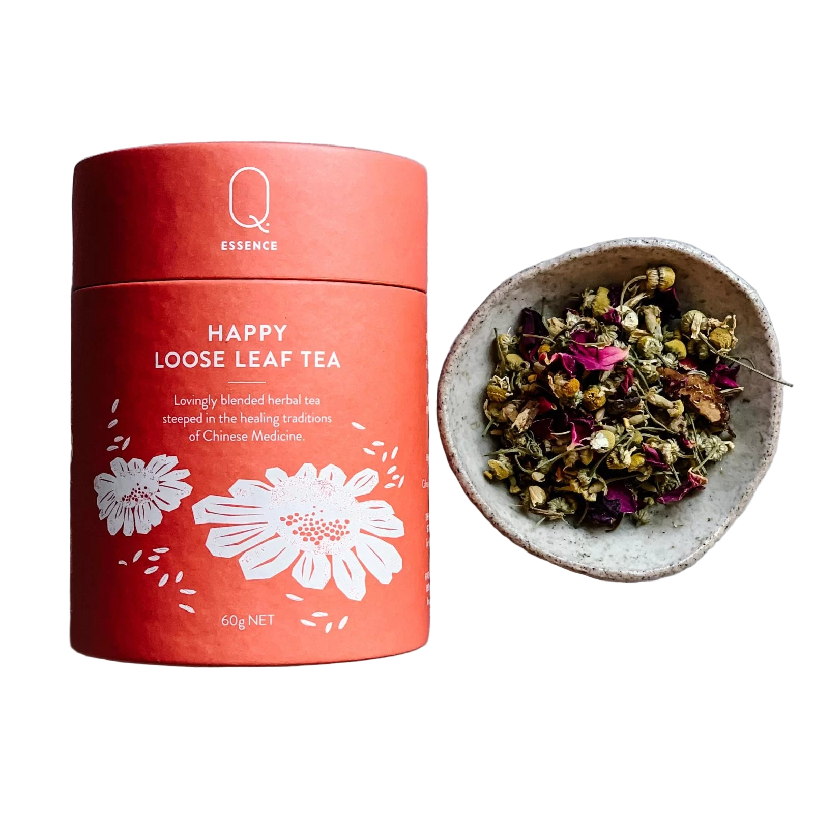 Happy loose leaf tea canister 60g . Little bowl of loose tea.