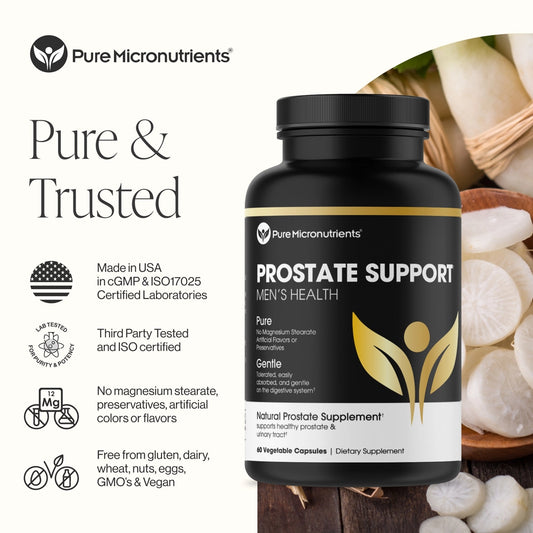 Prostate support supplement bottle with branding and product details on a wooden background. Pure & trusted. No magnesium stearate, preservatives, artificial colors or flavors. Free from gluten, dairy, wheat, nuts, eggs, GMO's & vegan