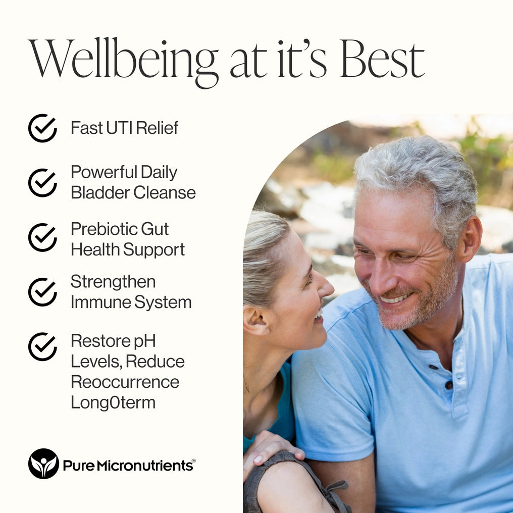 Advertisement for Pure Micronutrients with a couple sitting together and a list of health benefits. Fast UTI Relief. Powerful daily bladder cleanse. Prebiotic gut health support. Strengthen immune system. restore ph levels, reduce reoccurrence long term