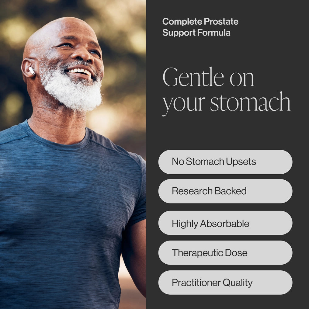 Man with a beard and blue shirt next to text about a prostate support formula, with a blurred outdoor background. No stomach upsets, research backed, highly absorbable, theapeutic dose and practitioner quality.