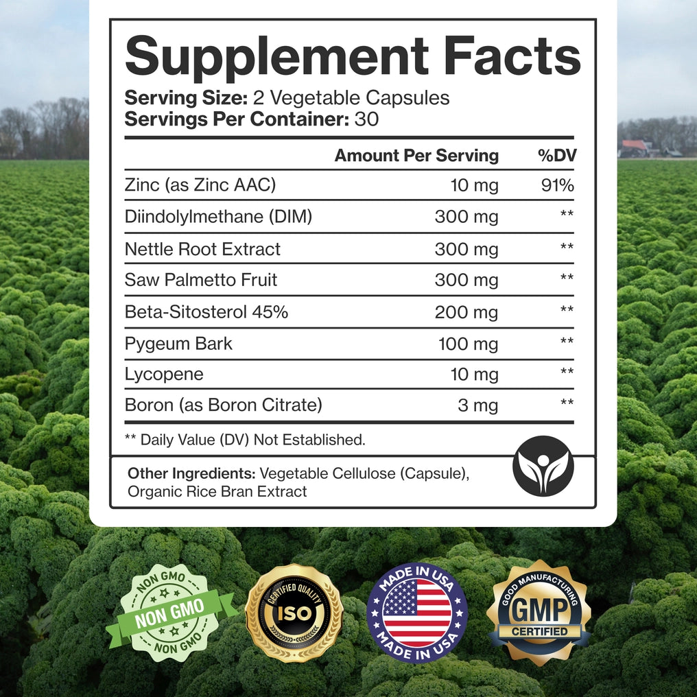Supplement facts label with green background and certification logos.