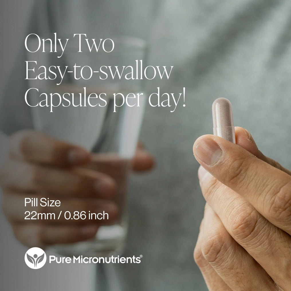 Hand holding a small capsule with text about easy-to-swallow capsules and Pure Micronutrients branding.