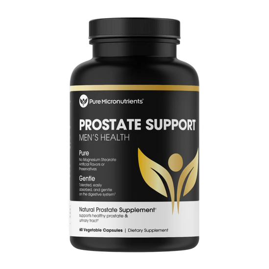 Black supplement bottle labeled 'Prostate Support' for men's health on a white background.