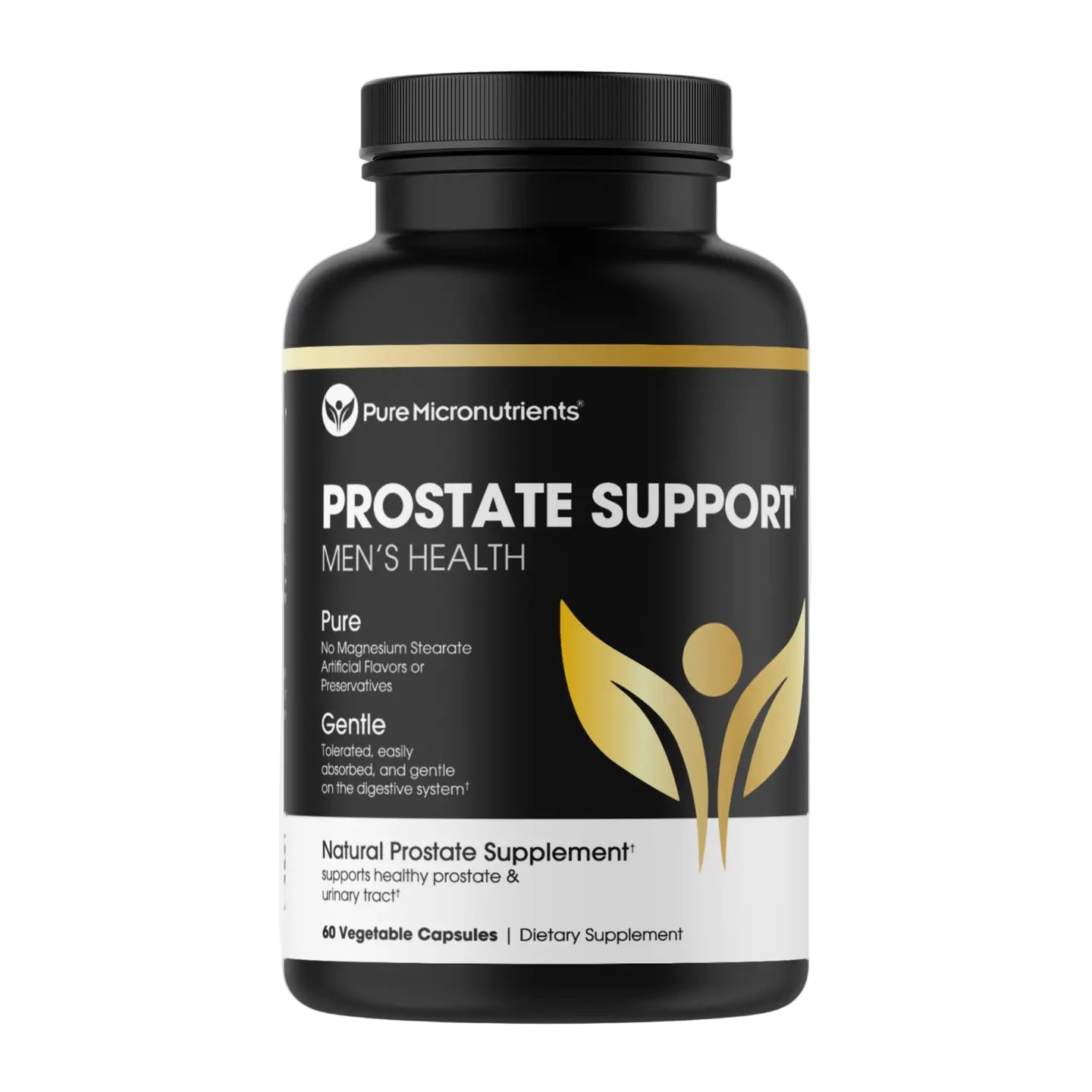 Black supplement bottle labeled 'Prostate Support' for men's health on a white background.