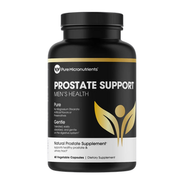 Black supplement bottle labeled 'Prostate Support' for men's health on a white background.