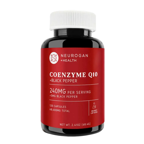 Neurogan Health Coenzyme Q10 supplement bottle with red label on a transparent background
