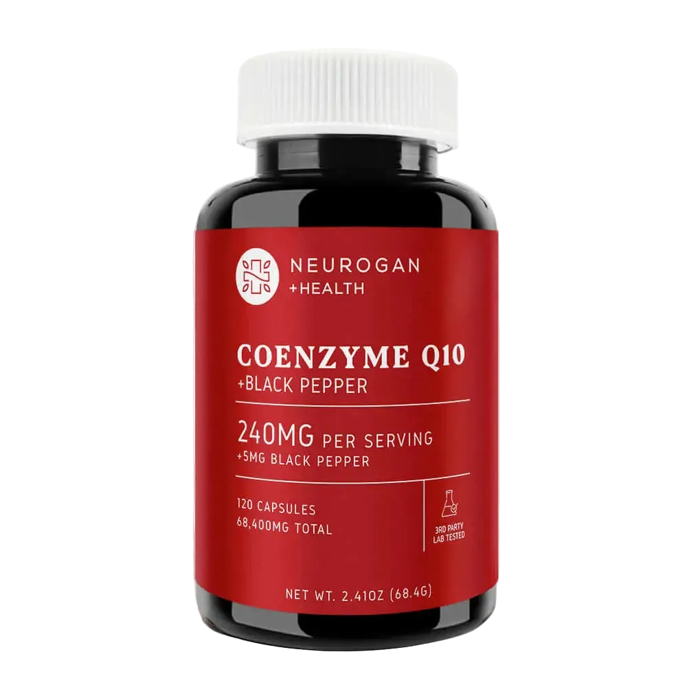 Neurogan Health Coenzyme Q10 supplement bottle with red label on a transparent background