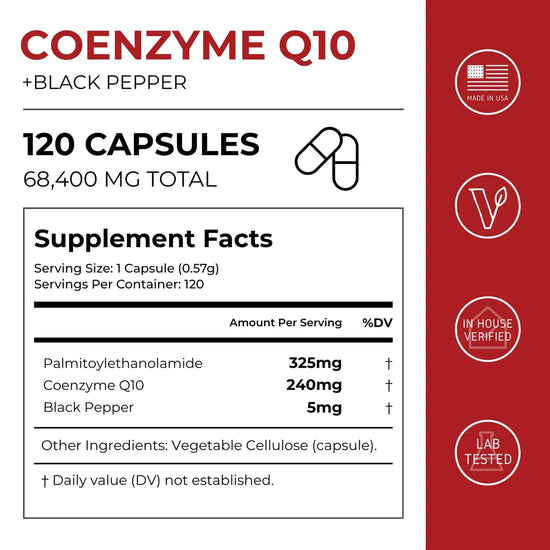 Supplement label for Coenzyme Q10 capsules with black pepper on a red and white background.