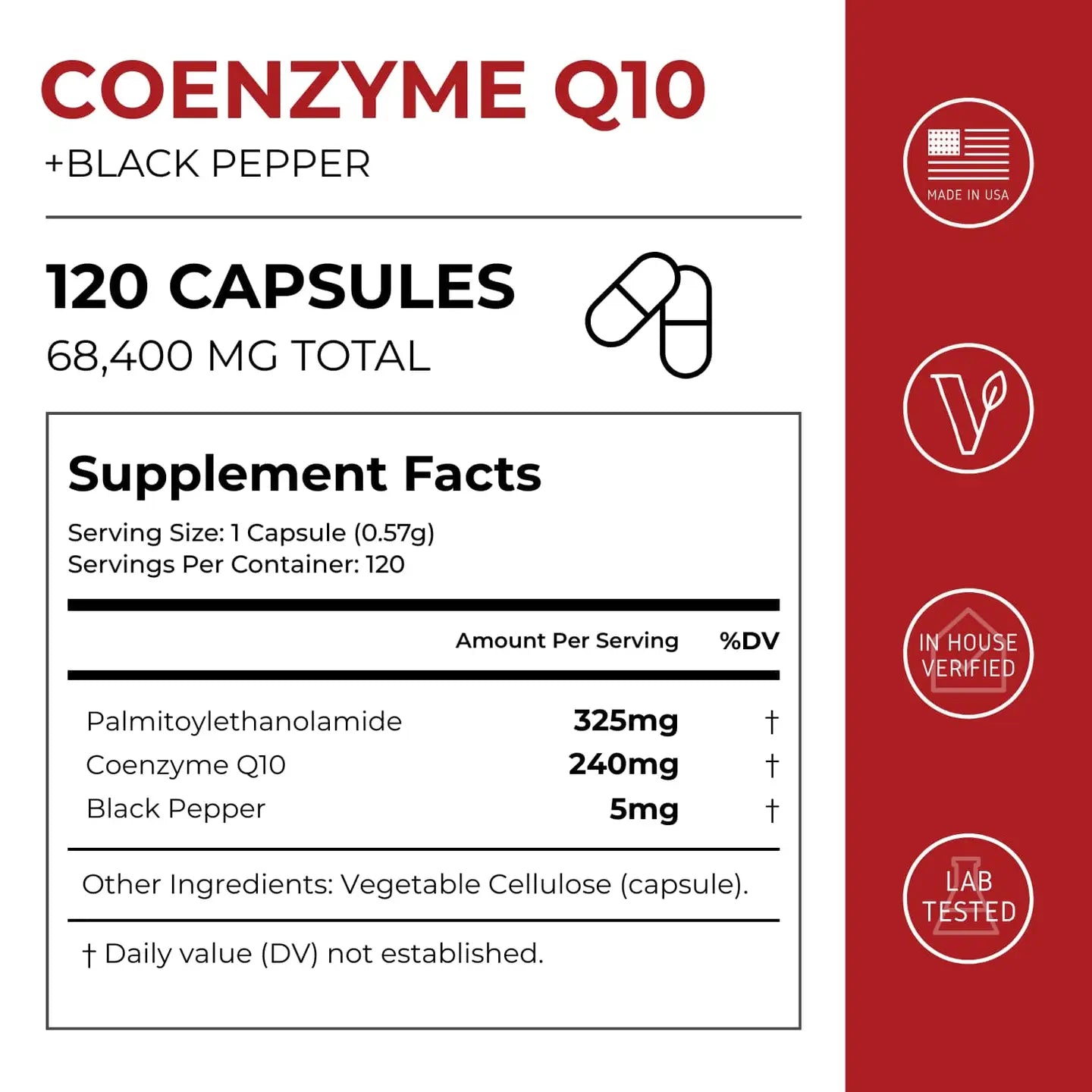Supplement label for Coenzyme Q10 capsules with black pepper on a red and white background.