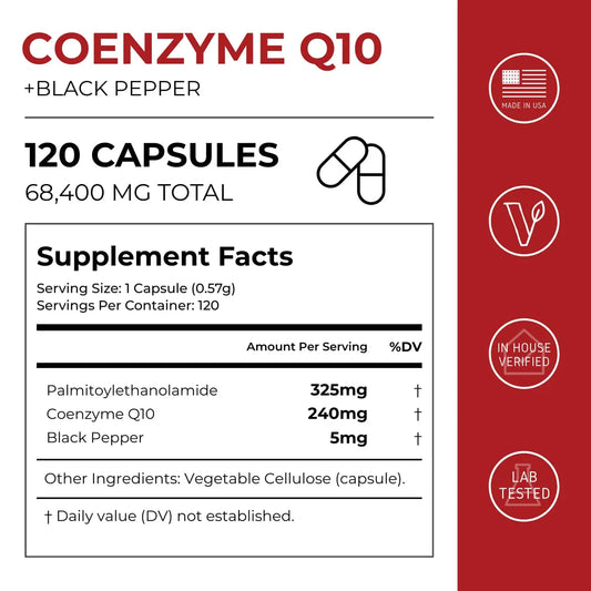 Supplement label for Coenzyme Q10 capsules with black pepper on a red and white background.