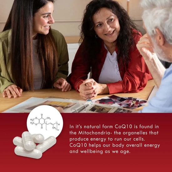 Three people sitting around a table with a focus on CoQ10 and its benefits. In its natural form CoQ10 is found in the mitochondria - the organelles that produce energy to run our cells. CoQ10 helps our body overall energy and wellbeing as we age.