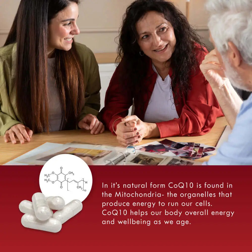 Three people sitting around a table with a focus on CoQ10 and its benefits. In its natural form CoQ10 is found in the mitochondria - the organelles that produce energy to run our cells. CoQ10 helps our body overall energy and wellbeing as we age.