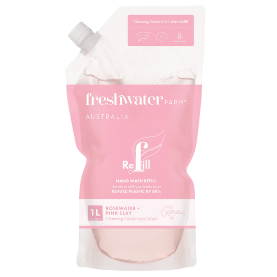 Rosewater and Pink clay hand wash 1L refill pouch with 'freshwater farm' 