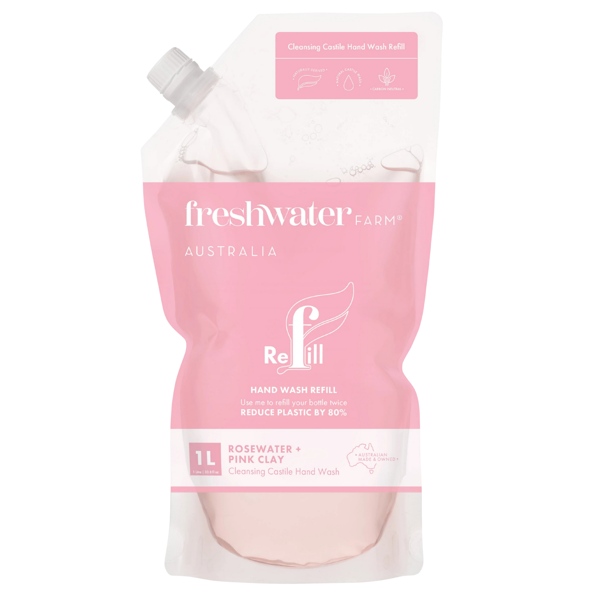 Rosewater and Pink clay hand wash 1L refill pouch with 'freshwater farm' 