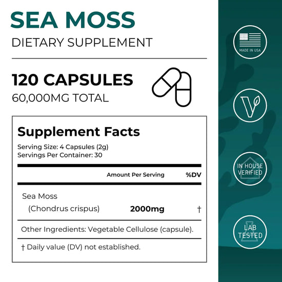 Sea Moss dietary supplement label with capsule icon and certification logos on a green background