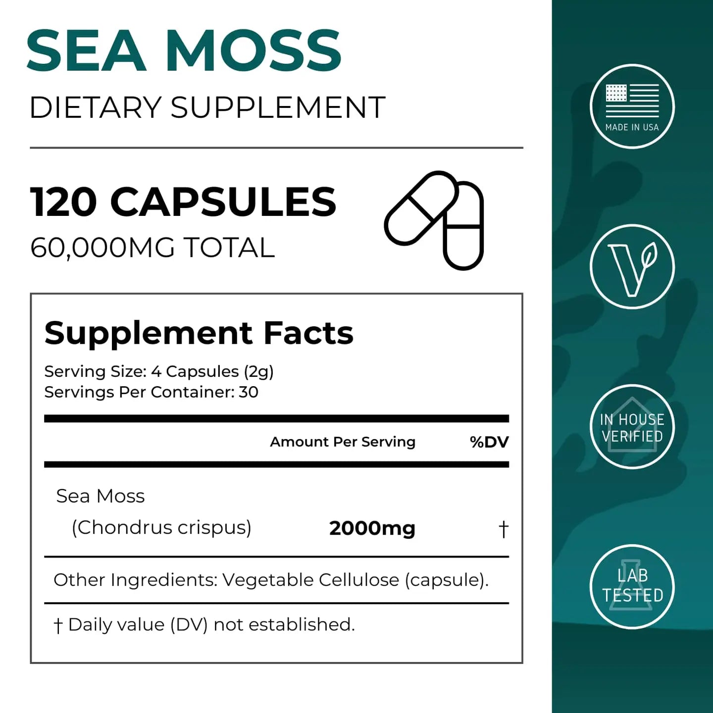 Sea Moss dietary supplement label with capsule icon and certification logos on a green background