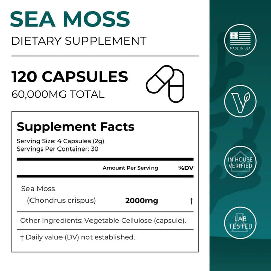 Sea Moss dietary supplement label with capsule icon and certification logos on a green background