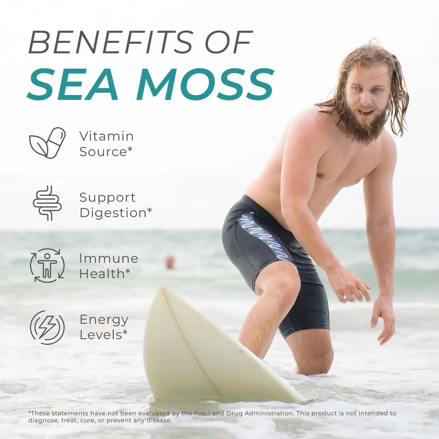 Man on a surfboard with text about the benefits of sea moss.
Vitamin source. Supports digestion. Immune Health. Energy levels.
