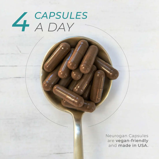 Spoonful of capsules with text '4 Capsules A Day' on a light background