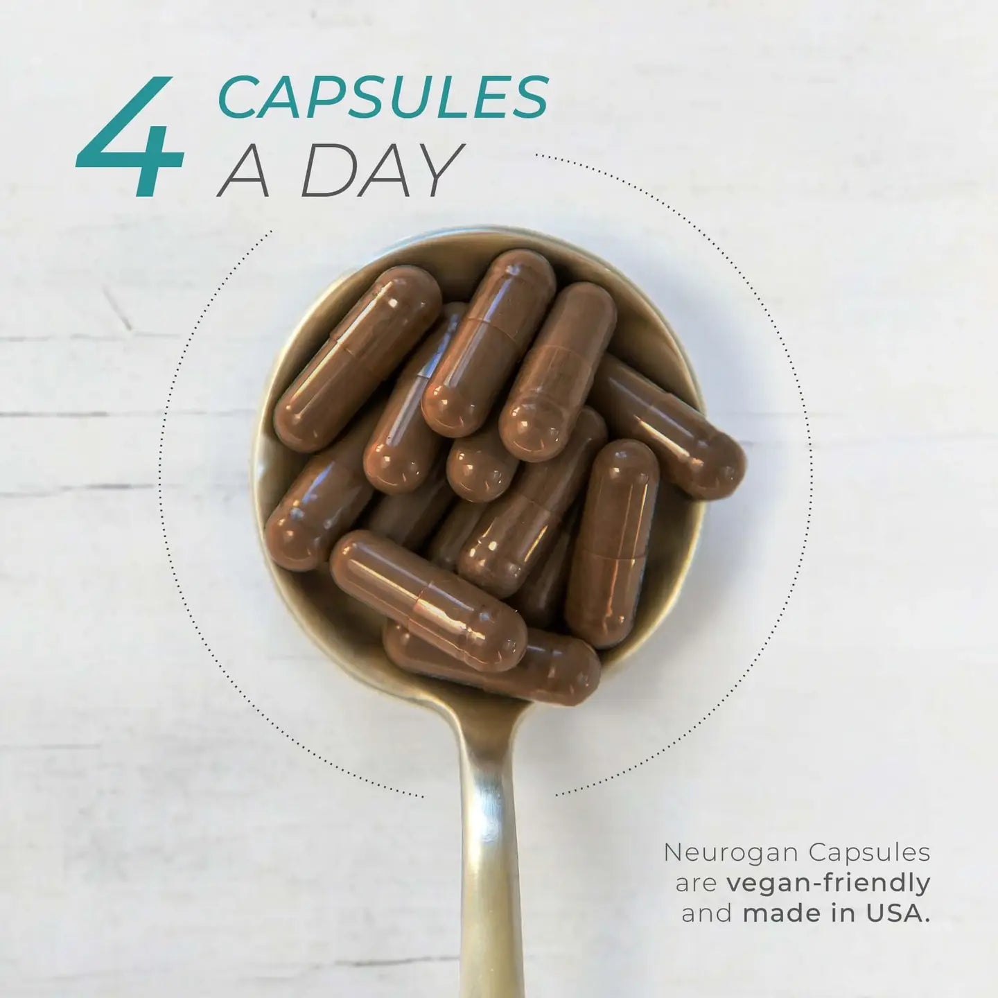 Spoonful of capsules with text '4 Capsules A Day' on a light background