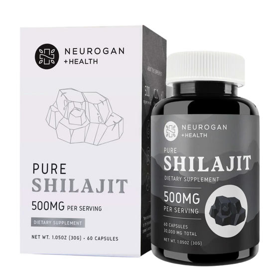 Neurogan Health Pure Shilajit dietary supplement bottle and packaging on a transparent background