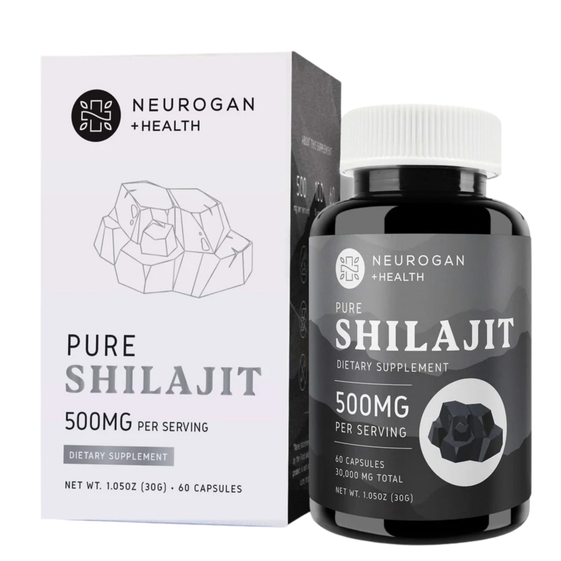 Neurogan Health Pure Shilajit dietary supplement bottle and packaging on a transparent background