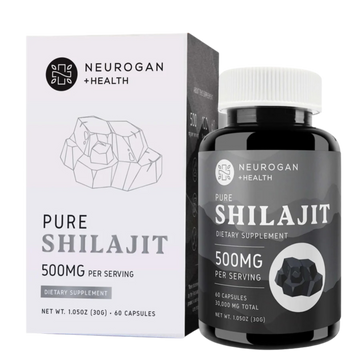 Neurogan Health Pure Shilajit dietary supplement bottle and packaging on a transparent background