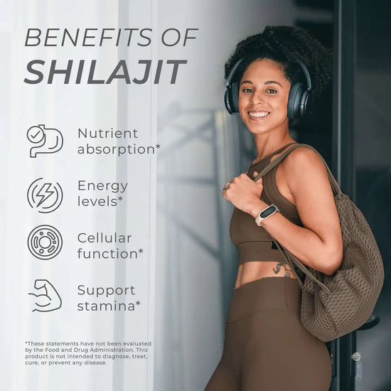 Woman in athletic wear with headphones and a bag, standing next to text about the benefits of Shilajit. Nutrient absorption. Energy levels. Cellular function. Support stamina.