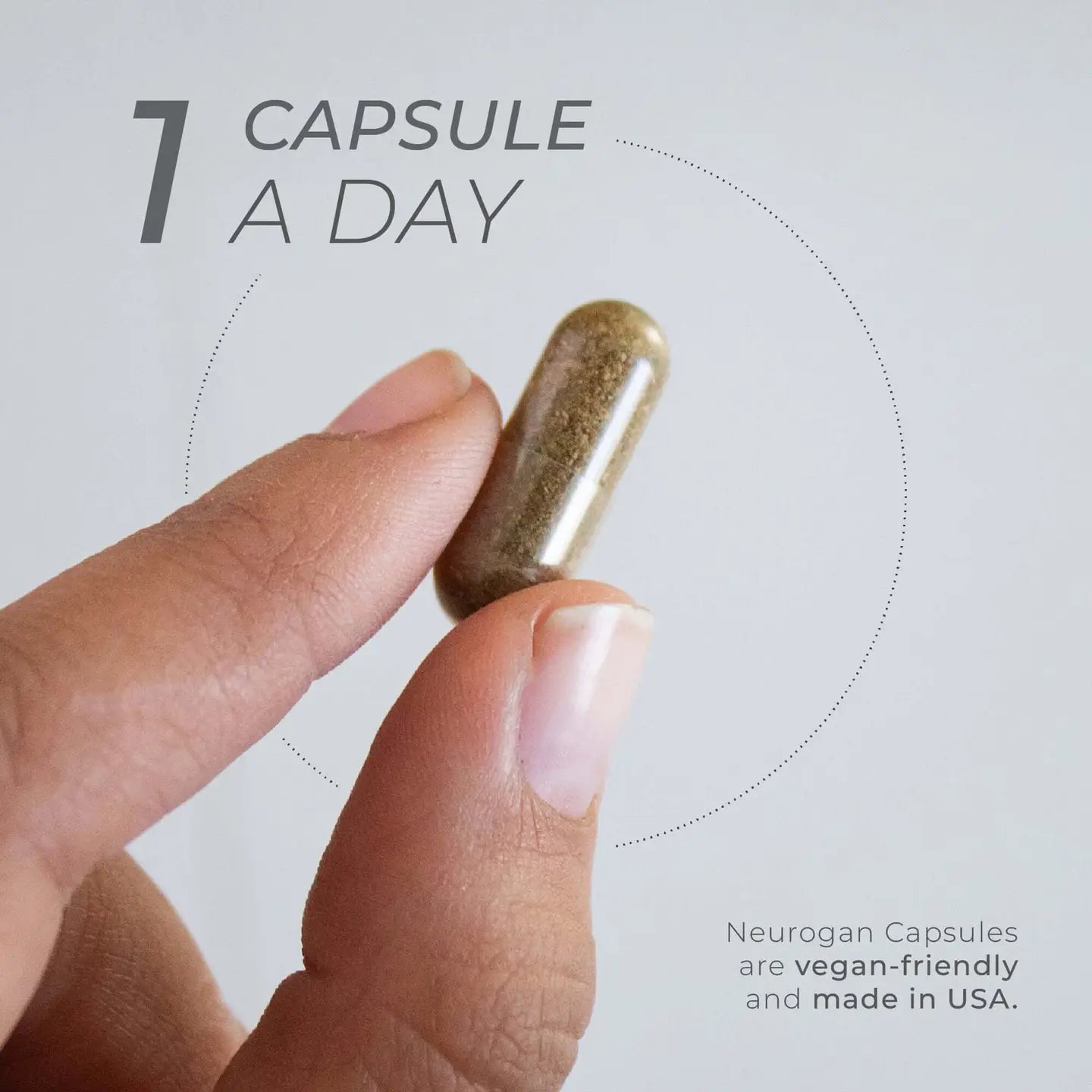 Neurogan Capsule held between fingers with promotional text 1 capsule a day on a light gray background