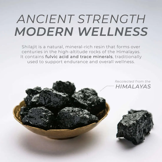 Shilajit in a bowl with text about its origin and benefits on a light background. Ancient strength modern wellness. Shilajit is a natural, mineral rich resin that forms over centuries in the high altitude rocks of the himalayas. It contains fulvic acid and trace minerals, traditionally used to support endurance and overall wellness. 