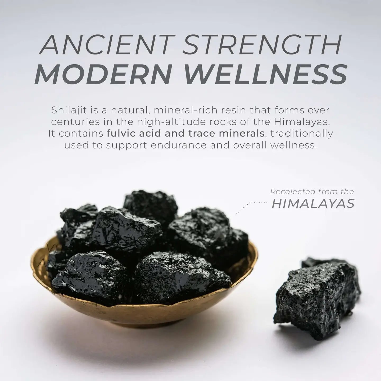 Shilajit in a bowl with text about its origin and benefits on a light background. Ancient strength modern wellness. Shilajit is a natural, mineral rich resin that forms over centuries in the high altitude rocks of the himalayas. It contains fulvic acid and trace minerals, traditionally used to support endurance and overall wellness. 