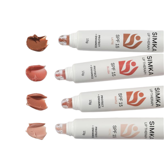 Simka lip therapy products with visible lip color samples