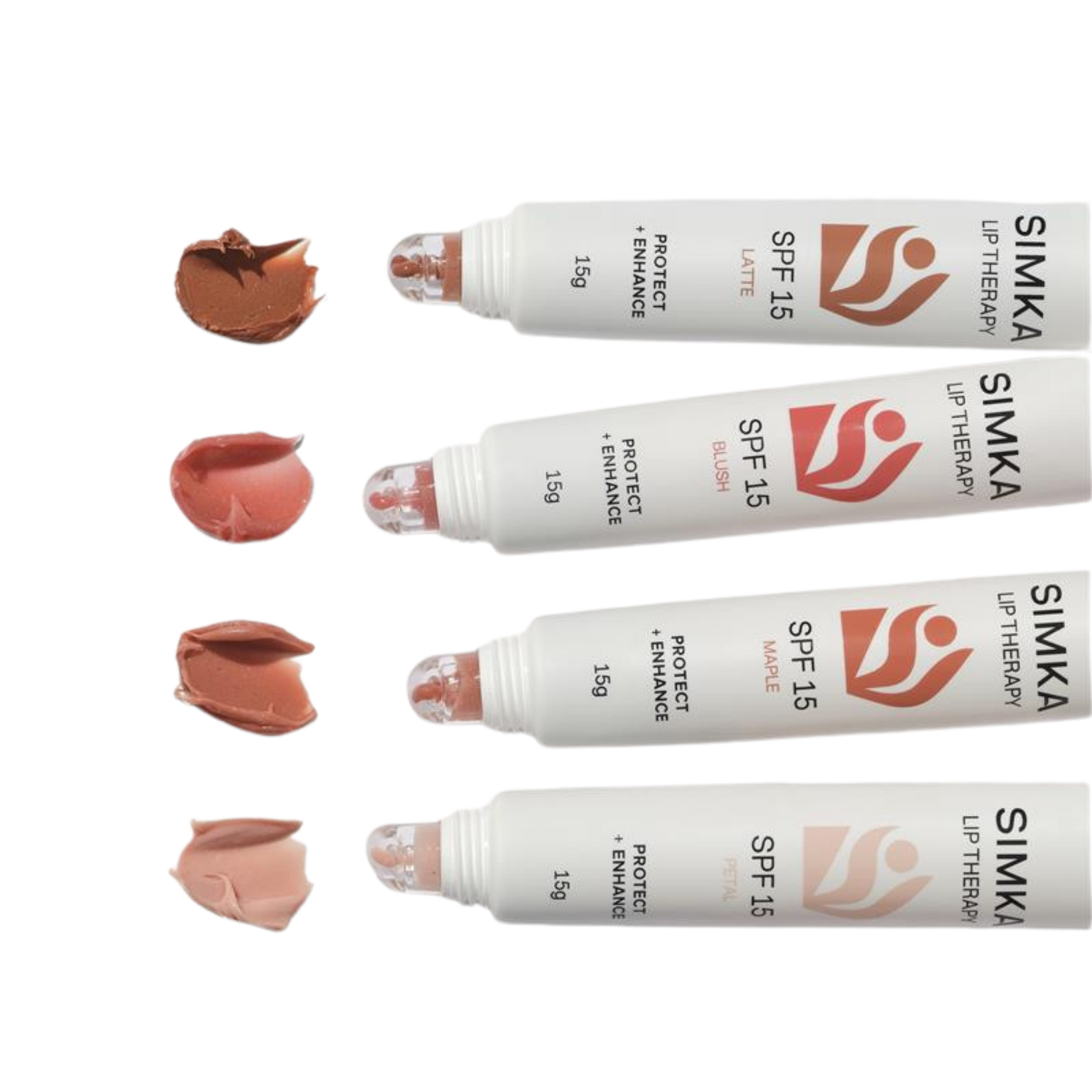 Simka lip therapy products with visible lip color samples