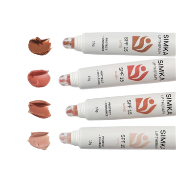 Simka lip therapy products with visible lip color samples