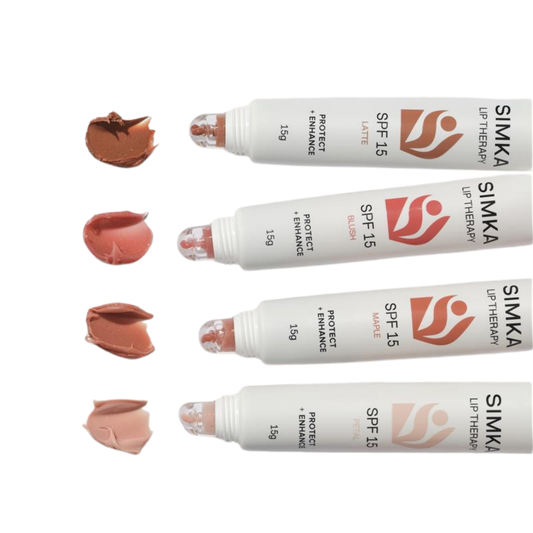 Simka lip therapy products with visible lip color samples