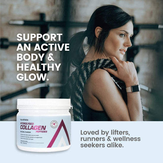 Woman in a gym setting with a container of hydrolysed collagen peptides and promotional text.