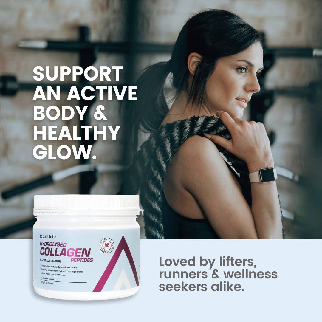 Woman in a gym setting with a container of hydrolysed collagen peptides and promotional text.