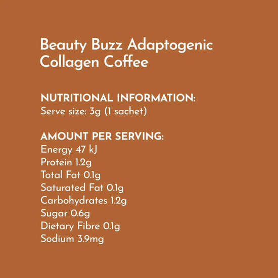 Nutritional information for Beauty Buzz Adaptogenic Collagen Coffee on a brown background