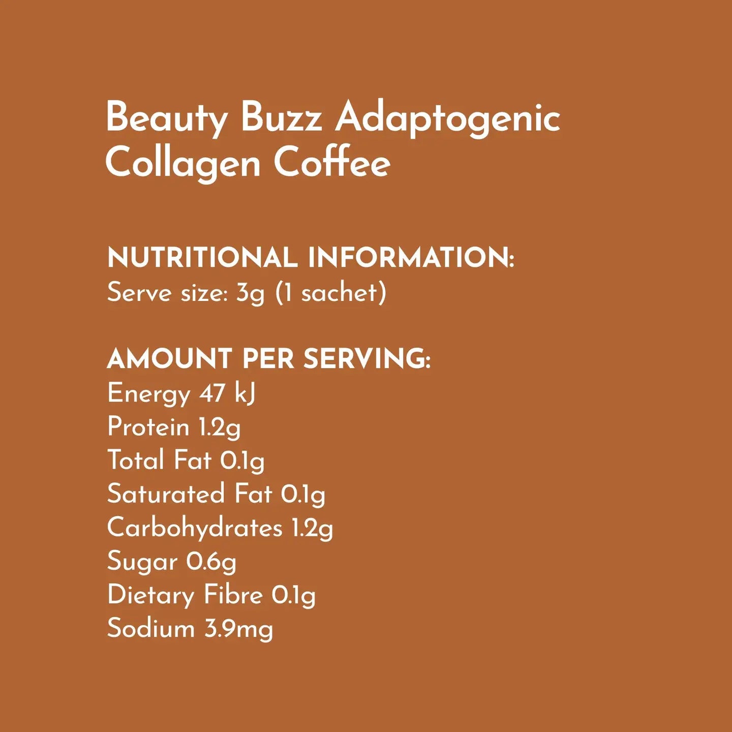 Nutritional information for Beauty Buzz Adaptogenic Collagen Coffee on a brown background