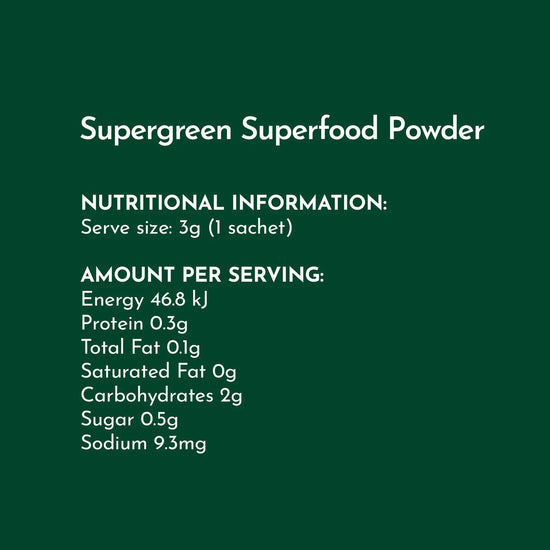 Nutritional information for SWIISH Supergreen Superfood Powder on a green background