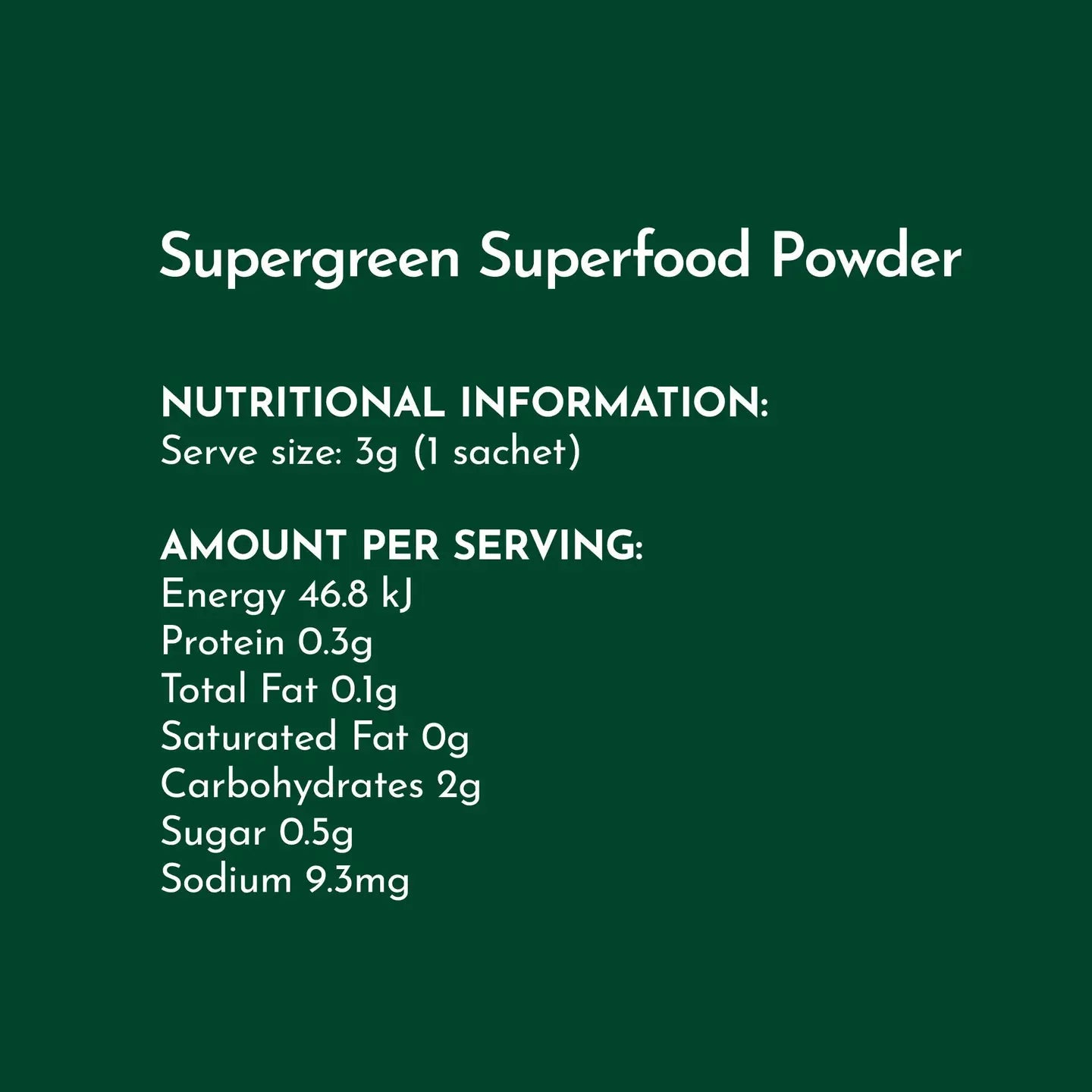 Nutritional information for SWIISH Supergreen Superfood Powder on a green background